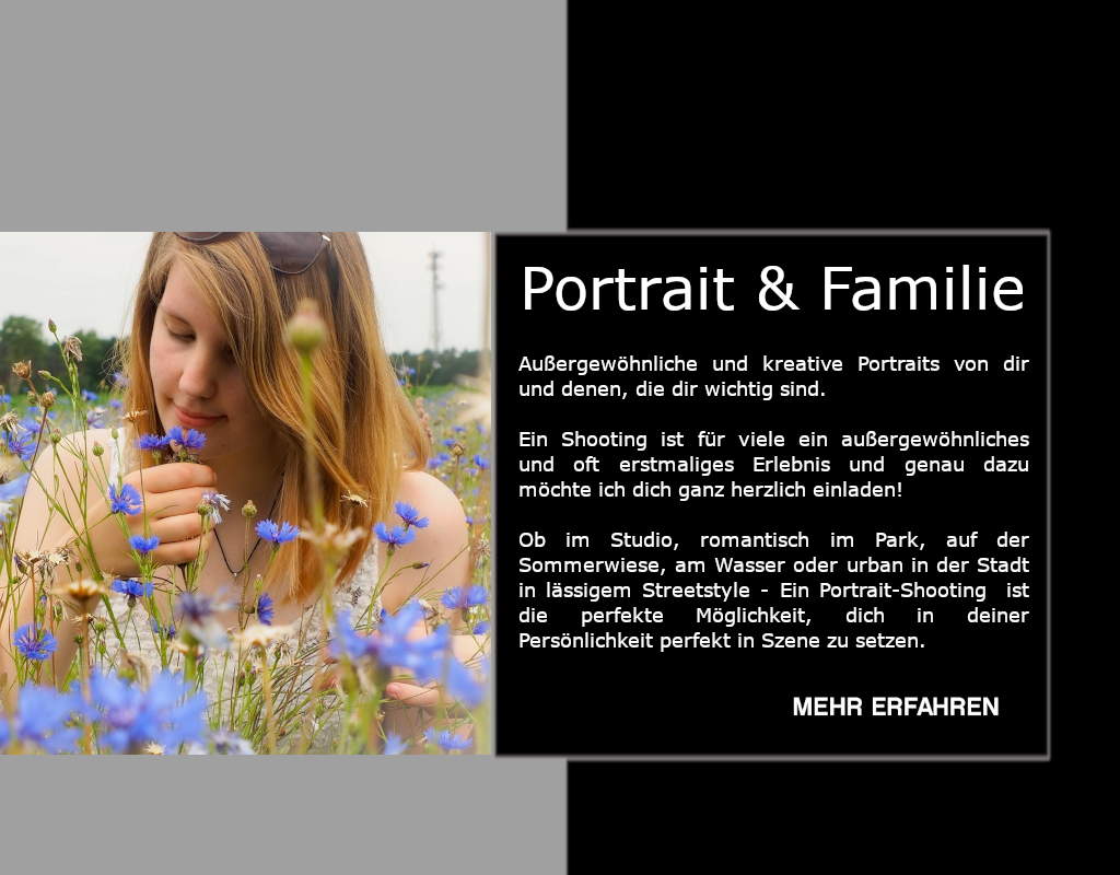 Ob romantisch im Park, auf der Sommerwiese, am Wasser, oder urban in der Stadt im lässigen Streetstyle, ein Outdoor-Shooting ist die perfekte Möglichkeit, Dich in Deiner Persönlichkeit perfekt in Szene zu setzen.